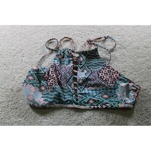 Catalina Bikini Top Girls Large 11-13‎ Multicolor High Neck Halter Lace Up Aztec